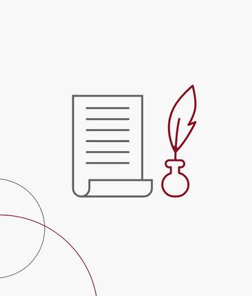 Grafikkachel: Beschriftetes Blatt mit Feder und Tintenfass daneben