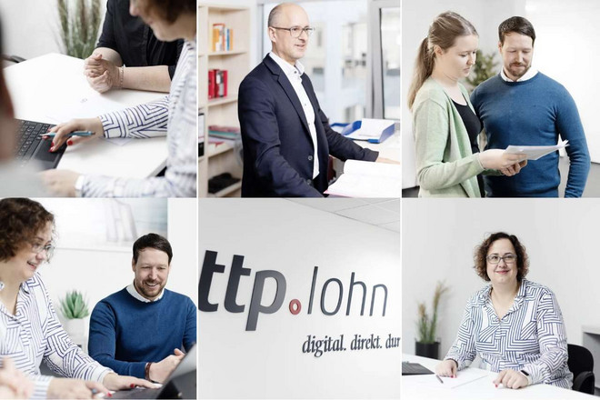 Zu sehen sind 6 unterschiedliche Bilder. Alle zeigen Alltagssituation aus dem Bereich ttp.lohn.